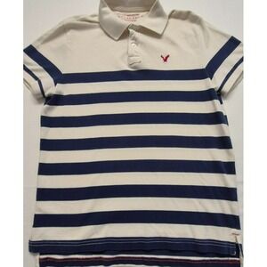 American Eagle Athletic Fit men's navy/white stripped knit polo red logo sz. M